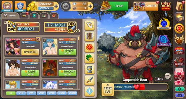 FapTitans hero collection screen showing various heroes